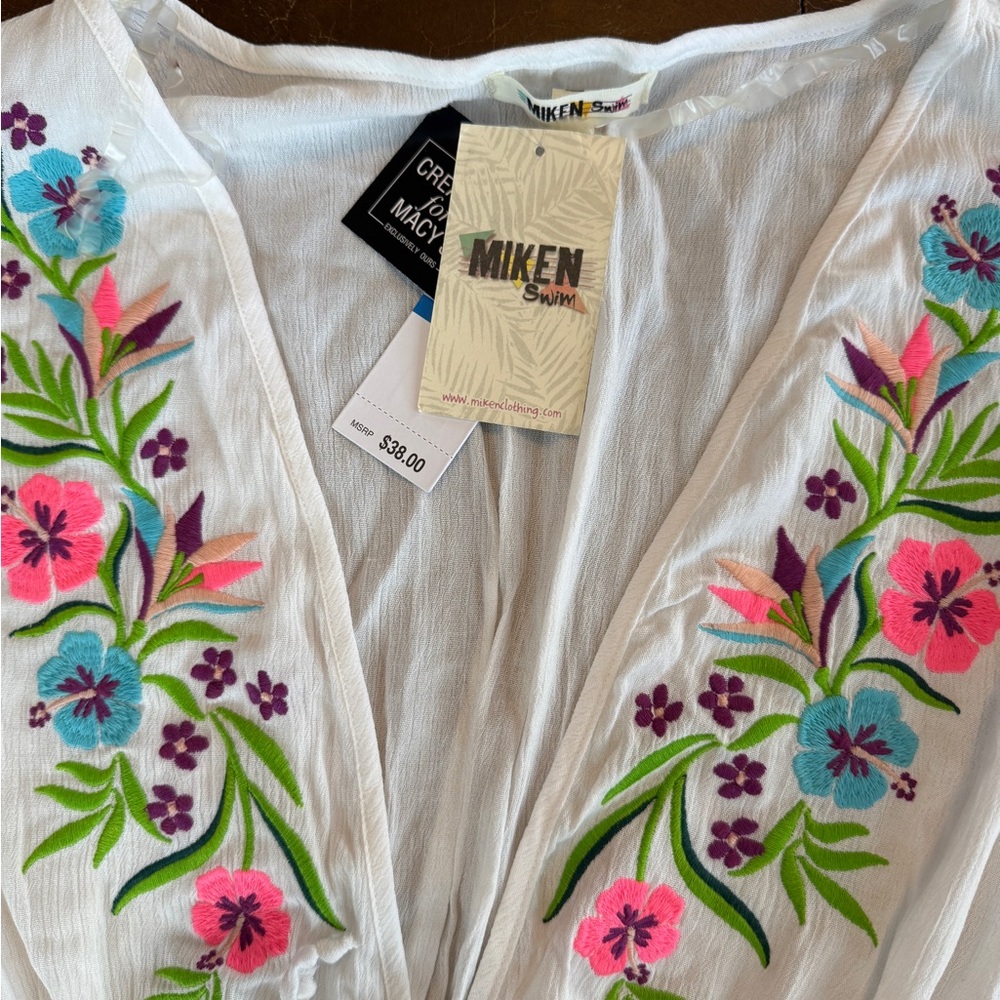 Miken Swim White Coverup with Pink, Teal and Green Floral Embroidery
